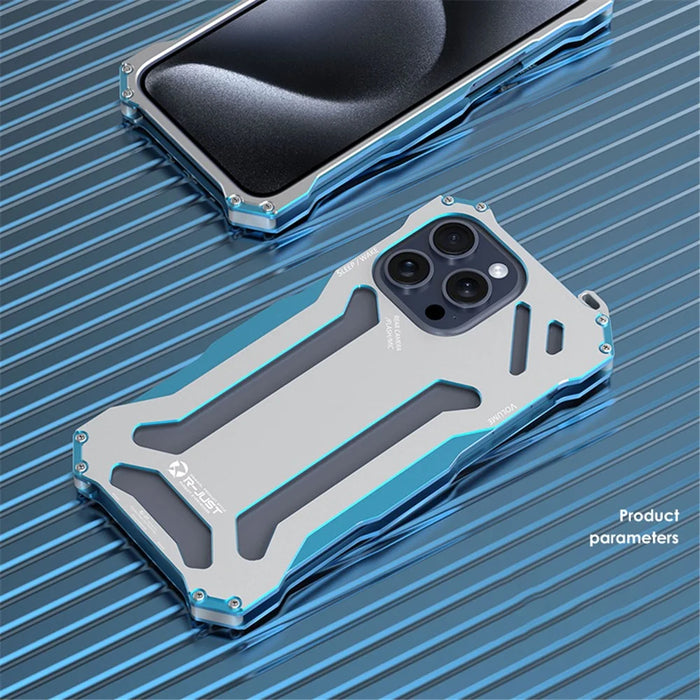 R-JUST Mechanical Armor For iPhone 15 Pro Case Hollow Aluminum Alloy Phone Back Cover - Silver / Blue - 2