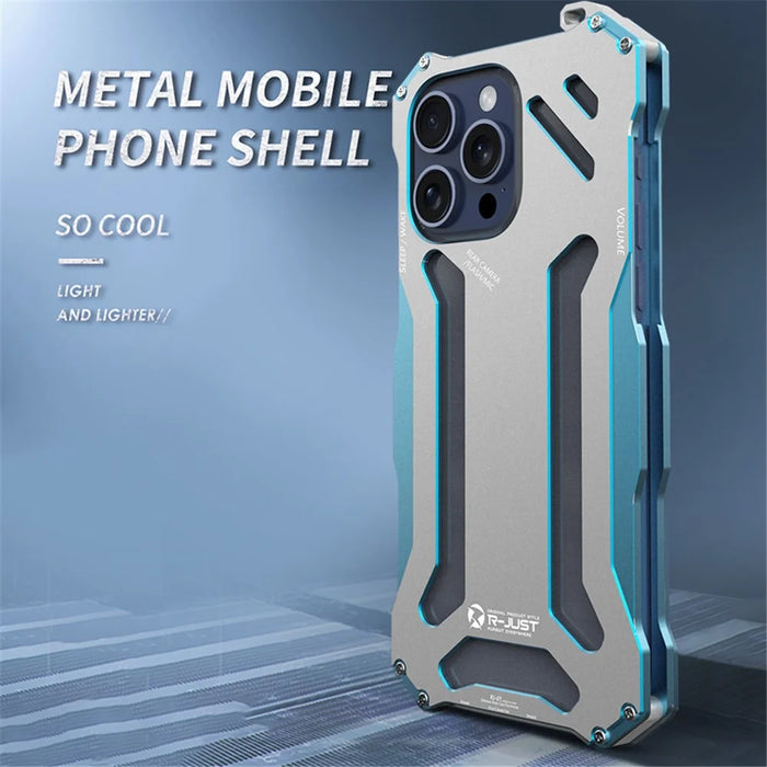 R-JUST Mechanical Armor For iPhone 15 Pro Case Hollow Aluminum Alloy Phone Back Cover - Silver / Blue - 3