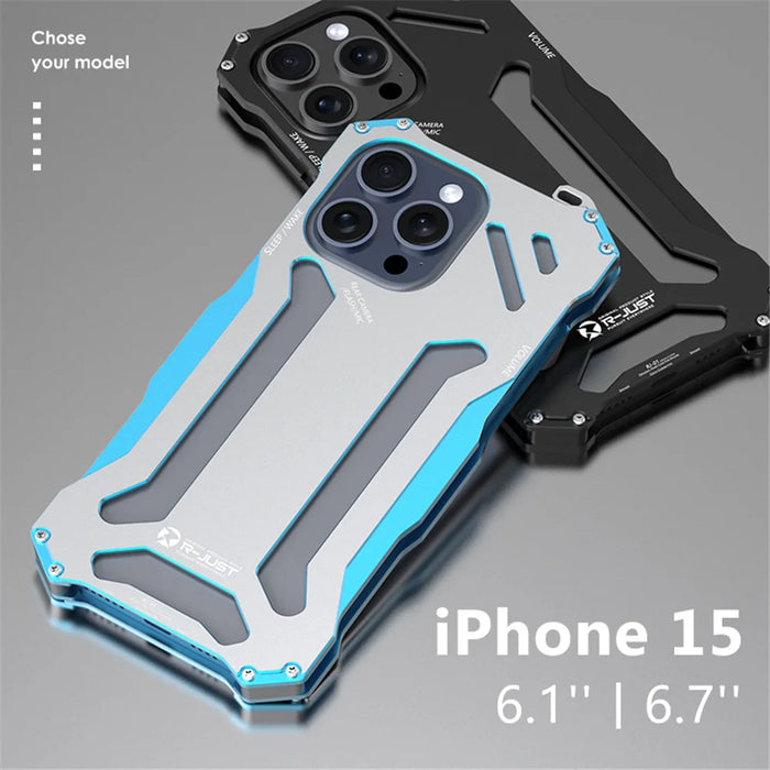 R-JUST Mechanical Armor For iPhone 15 Pro Case Hollow Aluminum Alloy Phone Back Cover - Silver / Blue - 4
