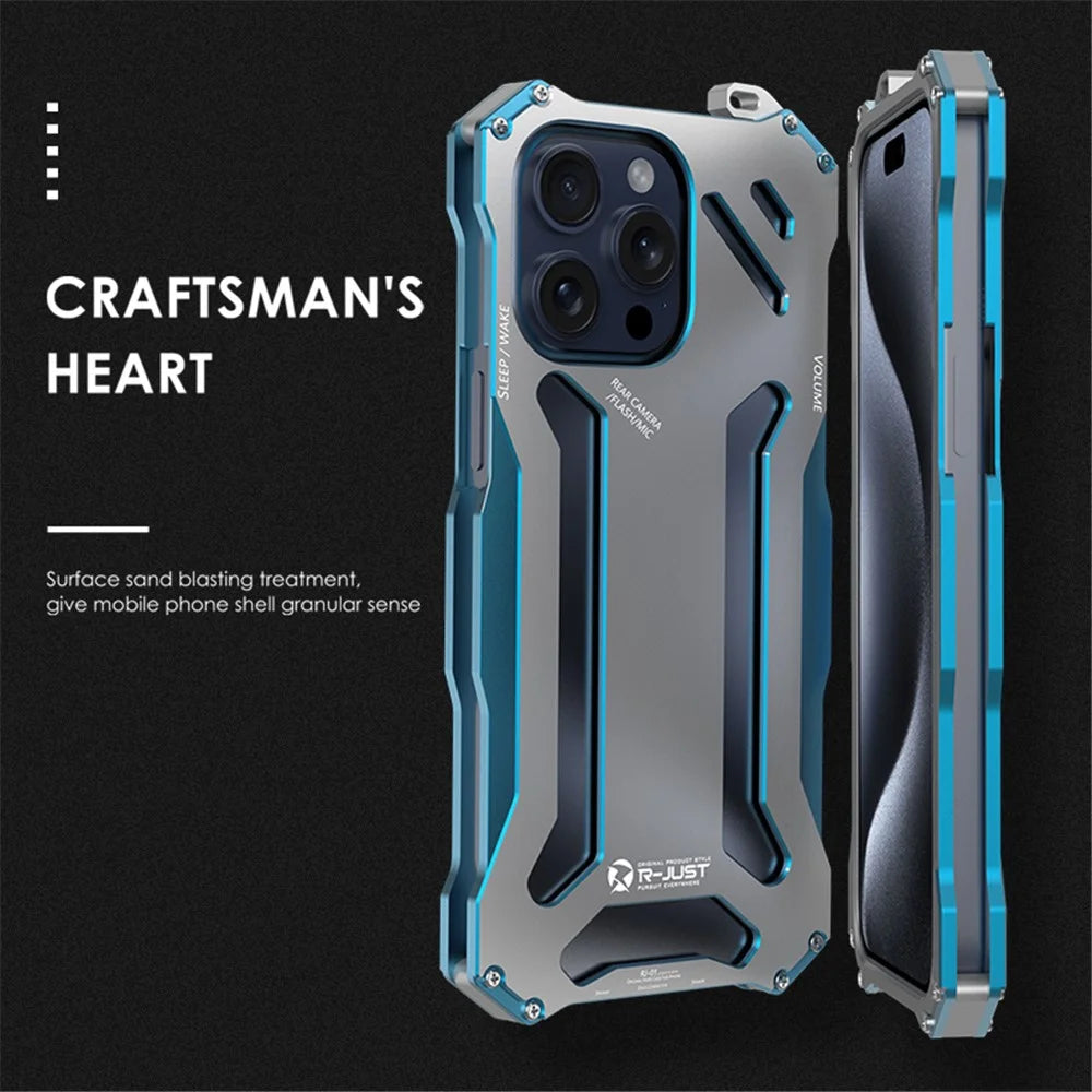 R-JUST Mechanical Armor For iPhone 15 Pro Case Hollow Aluminum Alloy Phone Back Cover - Silver / Blue - 7