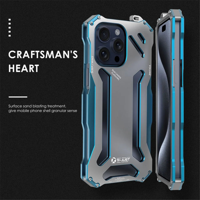 R-JUST Mechanical Armor For iPhone 15 Pro Case Hollow Aluminum Alloy Phone Back Cover - Silver / Blue - 7