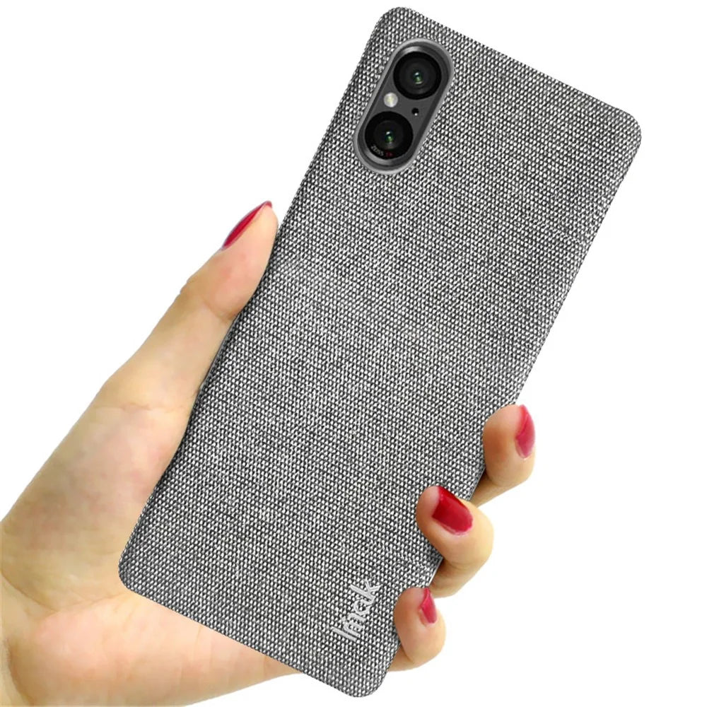 IMAK Ruiyi Series for Sony Xperia 5 V Case Cloth Texture Shell Shockproof PU Leather + PC Cell Phone Cover - Light Grey - 4