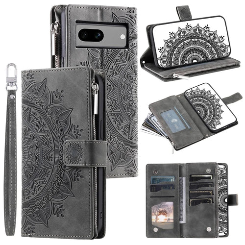 For Google Pixel 8a Case Wallet Imprinted PU Leather Phone Cover with Strap - Grey - 1