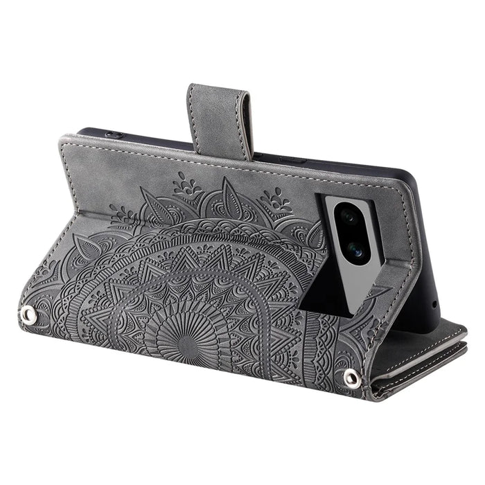For Google Pixel 8a Case Wallet Imprinted PU Leather Phone Cover with Strap - Grey - 4