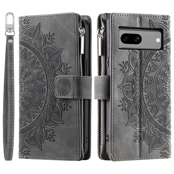 For Google Pixel 8a Case Wallet Imprinted PU Leather Phone Cover with Strap - Grey - 6