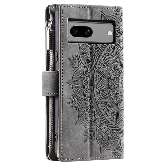 For Google Pixel 8a Case Wallet Imprinted PU Leather Phone Cover with Strap - Grey - 7