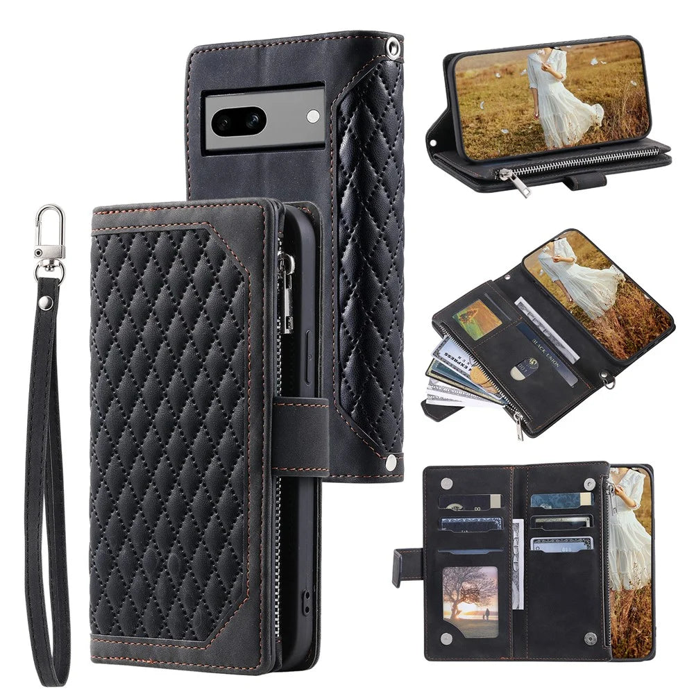 For Google Pixel 8a Case Rhombus Texture Wallet Stand Phone Cover with Hand Strap - Black - 1