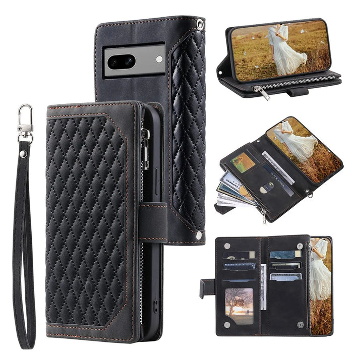 For Google Pixel 8a Case Rhombus Texture Wallet Stand Phone Cover with Hand Strap - Black - 1