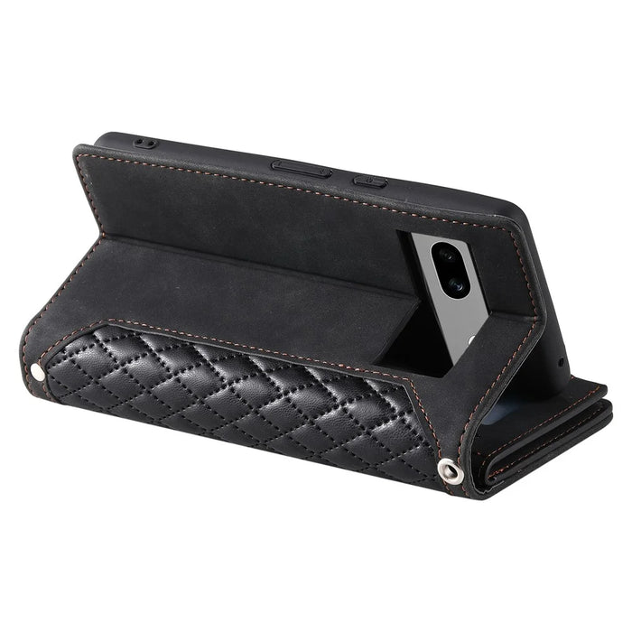 For Google Pixel 8a Case Rhombus Texture Wallet Stand Phone Cover with Hand Strap - Black - 5
