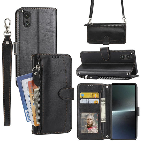 For Sony Xperia 5 V Leather Case Zipper Pocket Phone Wallet Cover with Long and Short Strap - Black - 1