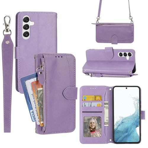 For Samsung Galaxy A25 5G (Global) (161.0 x 76.5 x 8.3mm) Case Zipper Pocket Anti-fall Leather Stand Phone Shell with 2 Straps - Purple - 1