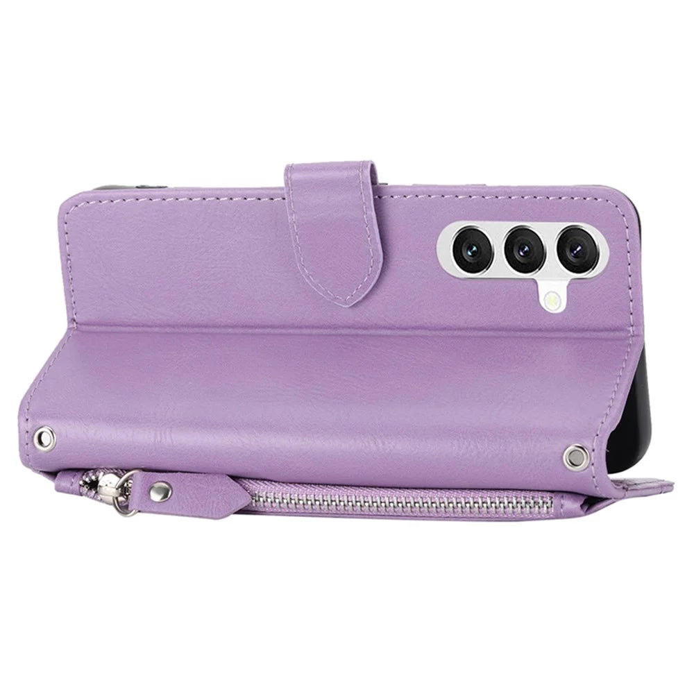 For Samsung Galaxy A25 5G (Global) (161.0 x 76.5 x 8.3mm) Case Zipper Pocket Anti-fall Leather Stand Phone Shell with 2 Straps - Purple - 4