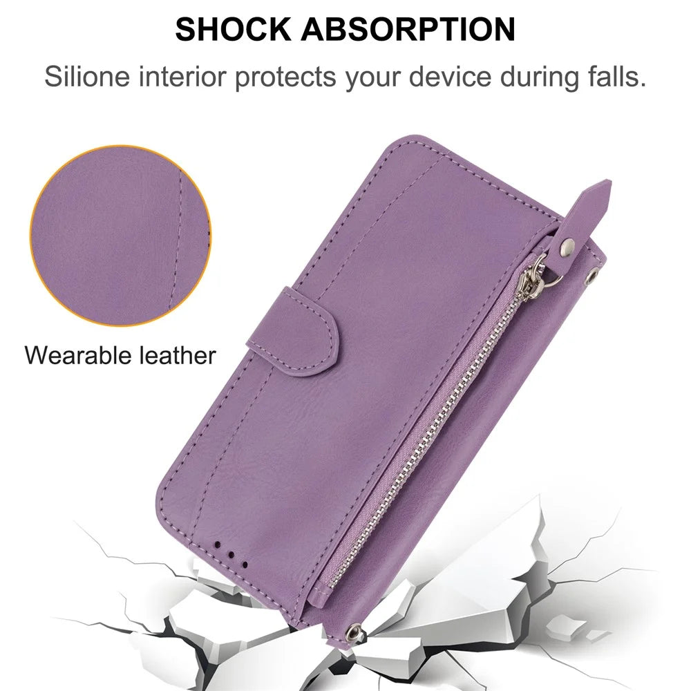 For Samsung Galaxy A25 5G (Global) (161.0 x 76.5 x 8.3mm) Case Zipper Pocket Anti-fall Leather Stand Phone Shell with 2 Straps - Purple - 7