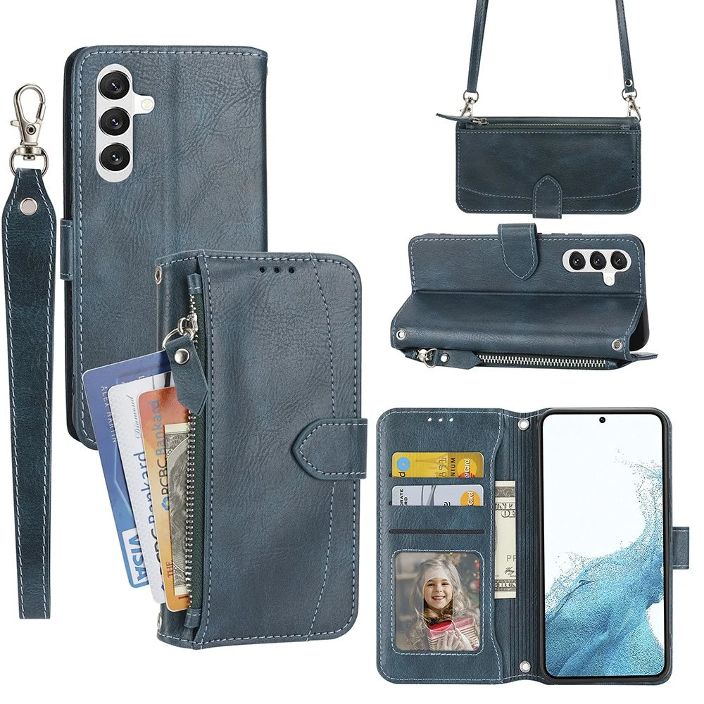 For Samsung Galaxy S23 FE Case Zipper Wallet PU Leather Stand Cell Phone Cover with 2 Straps - Blue - 1