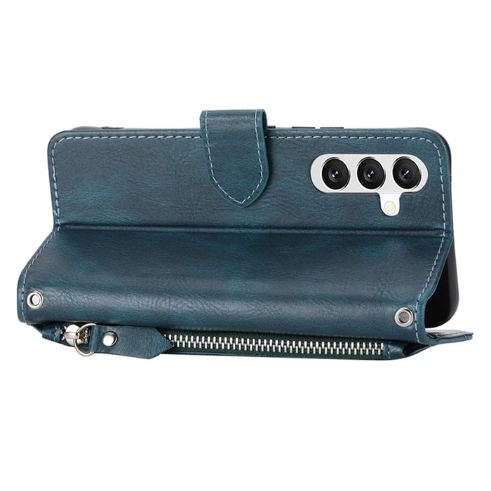 For Samsung Galaxy S23 FE Case Zipper Wallet PU Leather Stand Cell Phone Cover with 2 Straps - Blue - 4