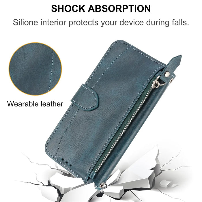 For Samsung Galaxy S23 FE Case Zipper Wallet PU Leather Stand Cell Phone Cover with 2 Straps - Blue - 7