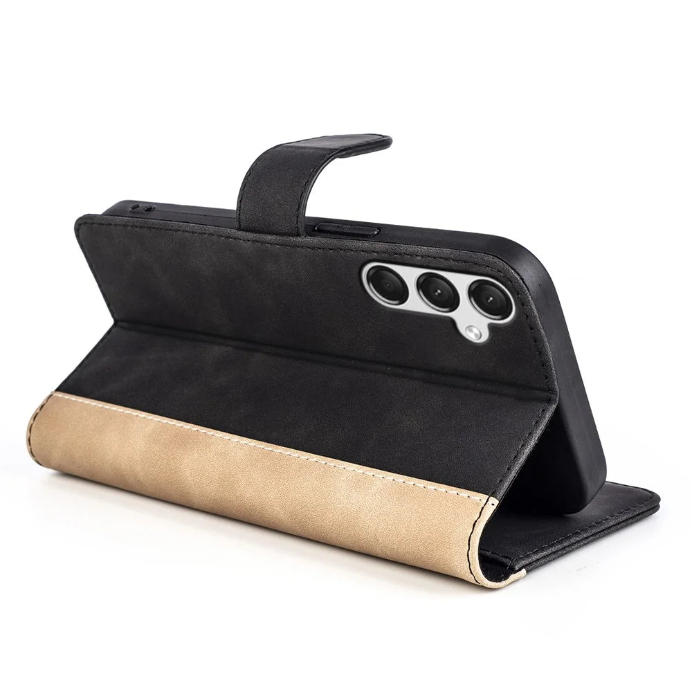 For Samsung Galaxy A25 5G (Global) (161.0 x 76.5 x 8.3mm) Case PU Leather Wallet Stand Dual-color Cell Phone Cover - Black - 3