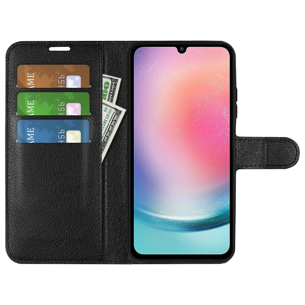 For Samsung Galaxy A25 5G (Global) (161.0 x 76.5 x 8.3mm) Case Slim-Fit Wallet Phone Shell Litchi Texture Leather Stand Cover - Black - 2