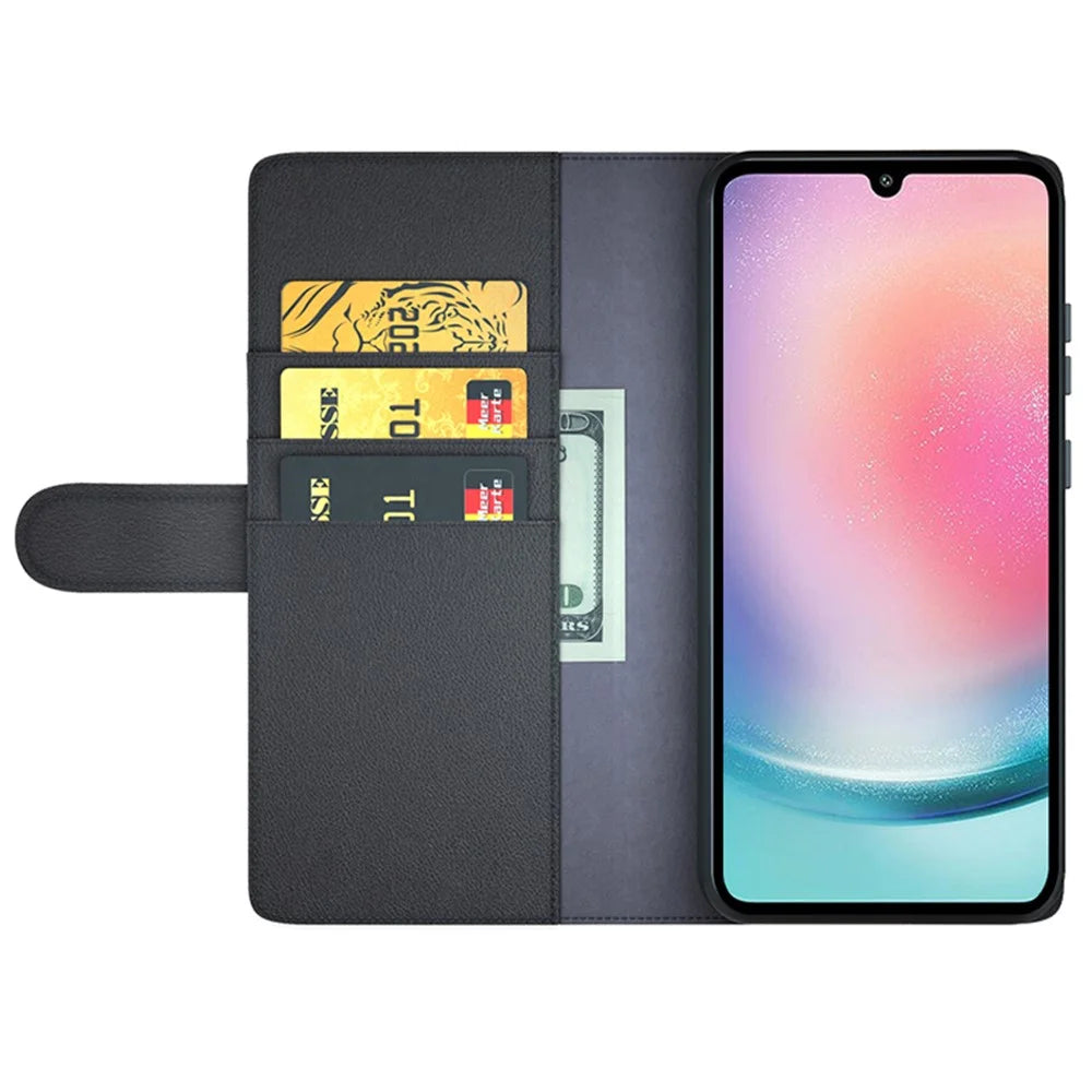 For Samsung Galaxy A25 5G (Global) (161.0 x 76.5 x 8.3mm) Case Genuine Split Leather Phone Cover with Wallet Stand - Black - 2