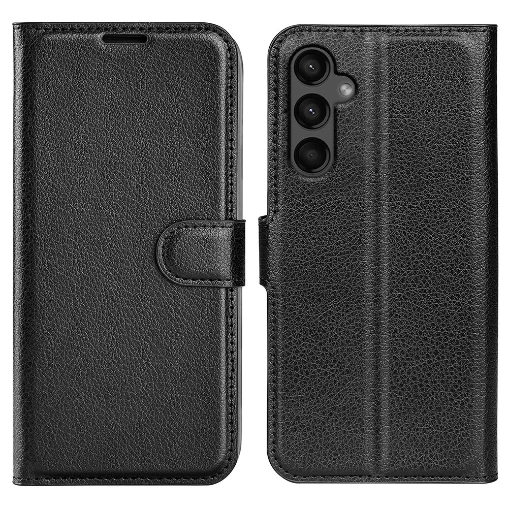 For Samsung Galaxy A15 5G Case Slim-Fit Litchi Texture Stand Wallet Phone Cover PU Leather Shell - Black - 1