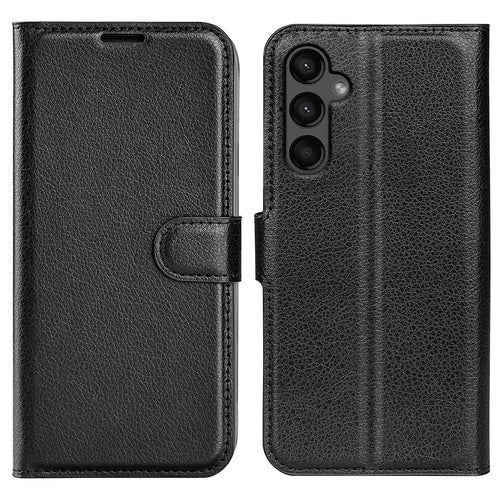 For Samsung Galaxy A15 5G Case Slim-Fit Litchi Texture Stand Wallet Phone Cover PU Leather Shell - Black - 1