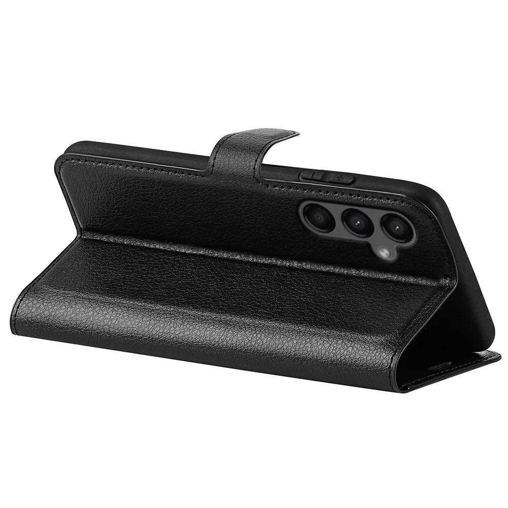 For Samsung Galaxy A15 5G Case Slim-Fit Litchi Texture Stand Wallet Phone Cover PU Leather Shell - Black - 4