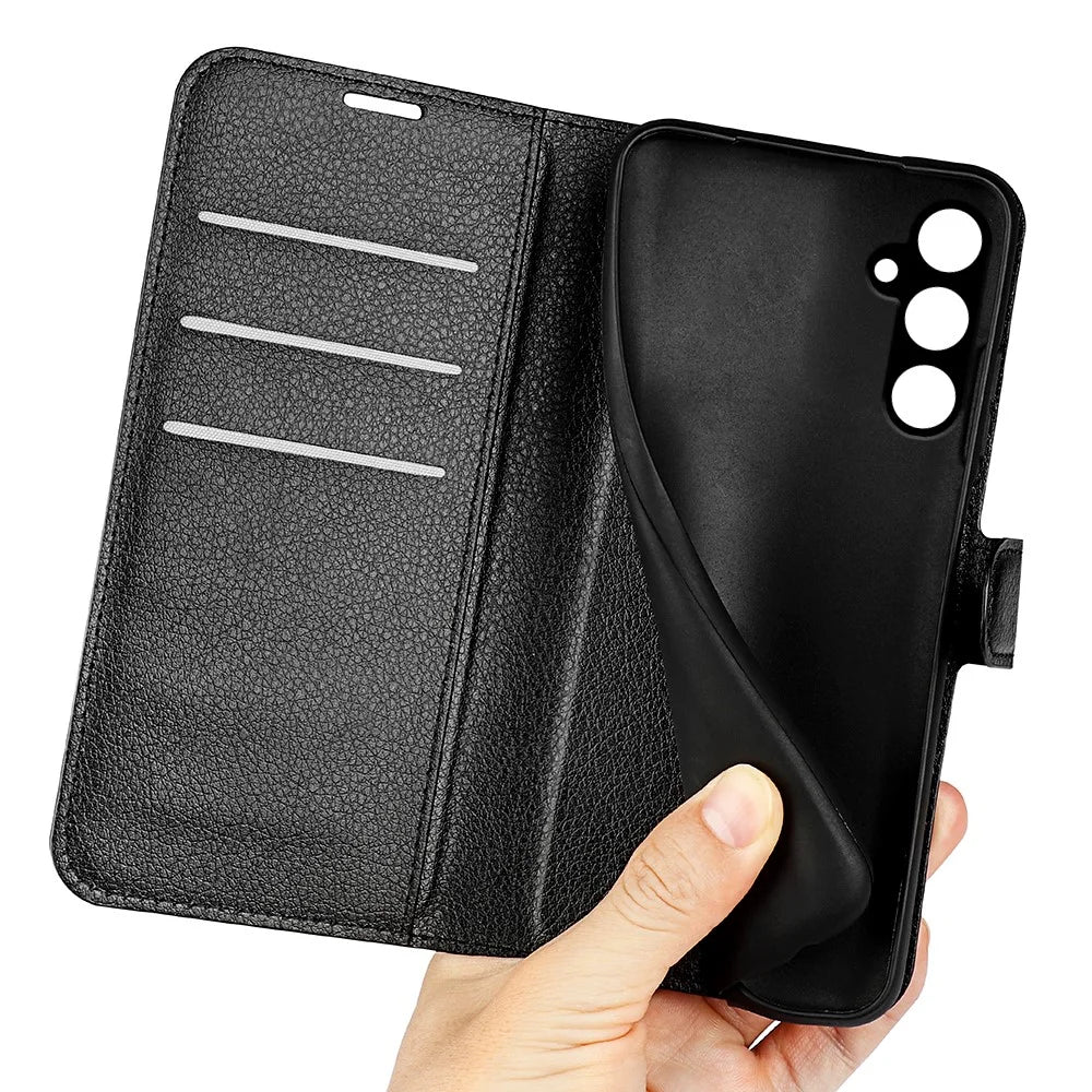 For Samsung Galaxy A15 5G Case Slim-Fit Litchi Texture Stand Wallet Phone Cover PU Leather Shell - Black - 5