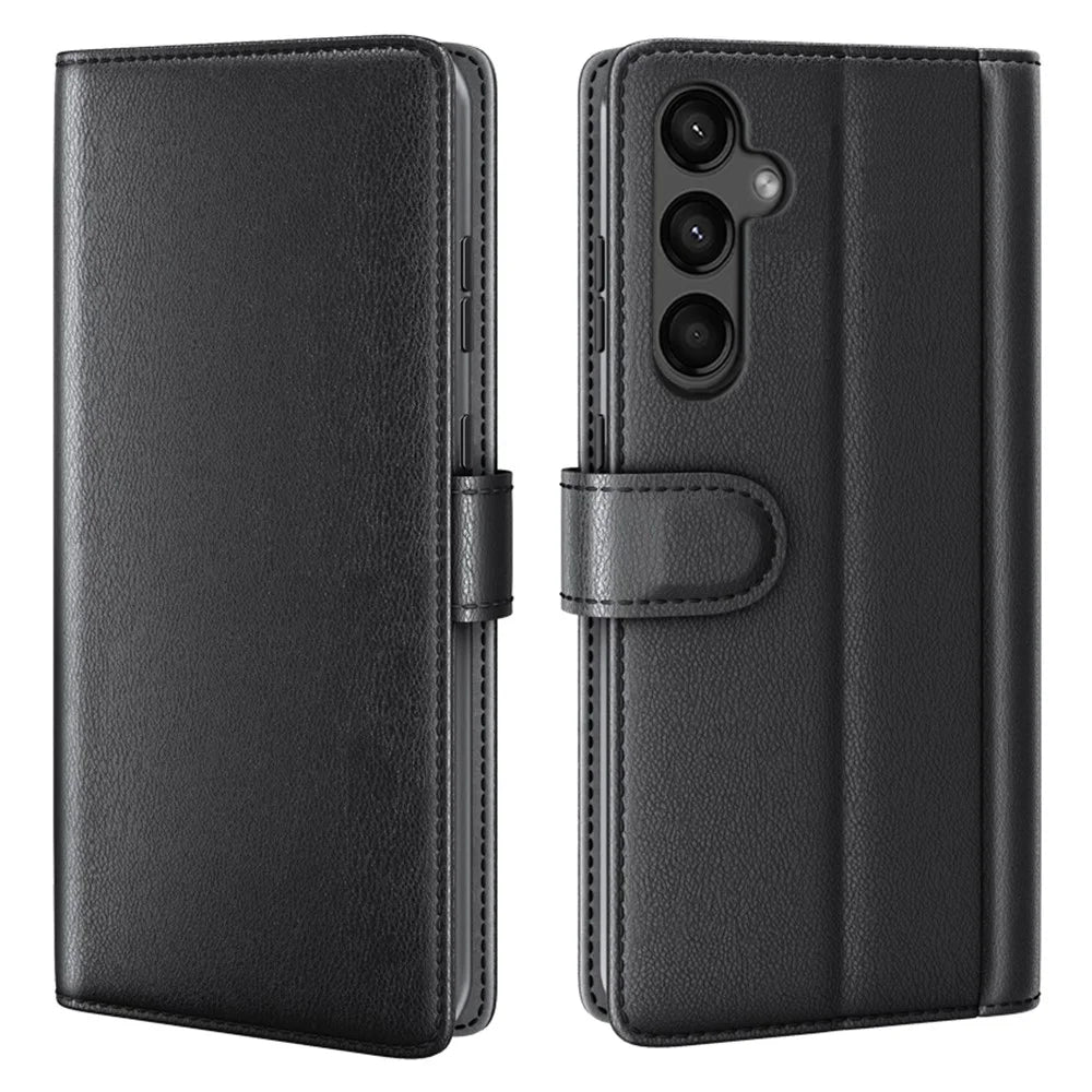 For Samsung Galaxy A15 5G Case Genuine Split Leather Phone Cover with Wallet Stand - Black - 1