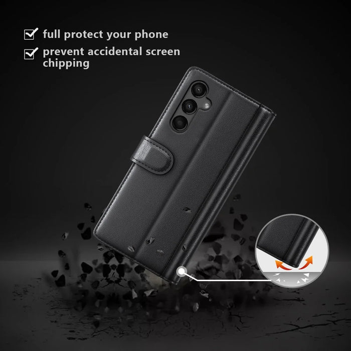 For Samsung Galaxy A15 5G Case Genuine Split Leather Phone Cover with Wallet Stand - Black - 5