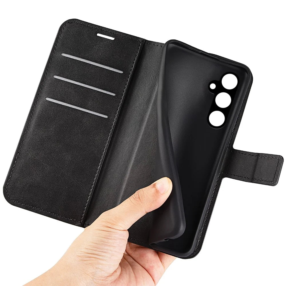 For Samsung Galaxy A15 5G Case Wallet Stand PU Leather Calf Texture Phone Cover - Black - 5
