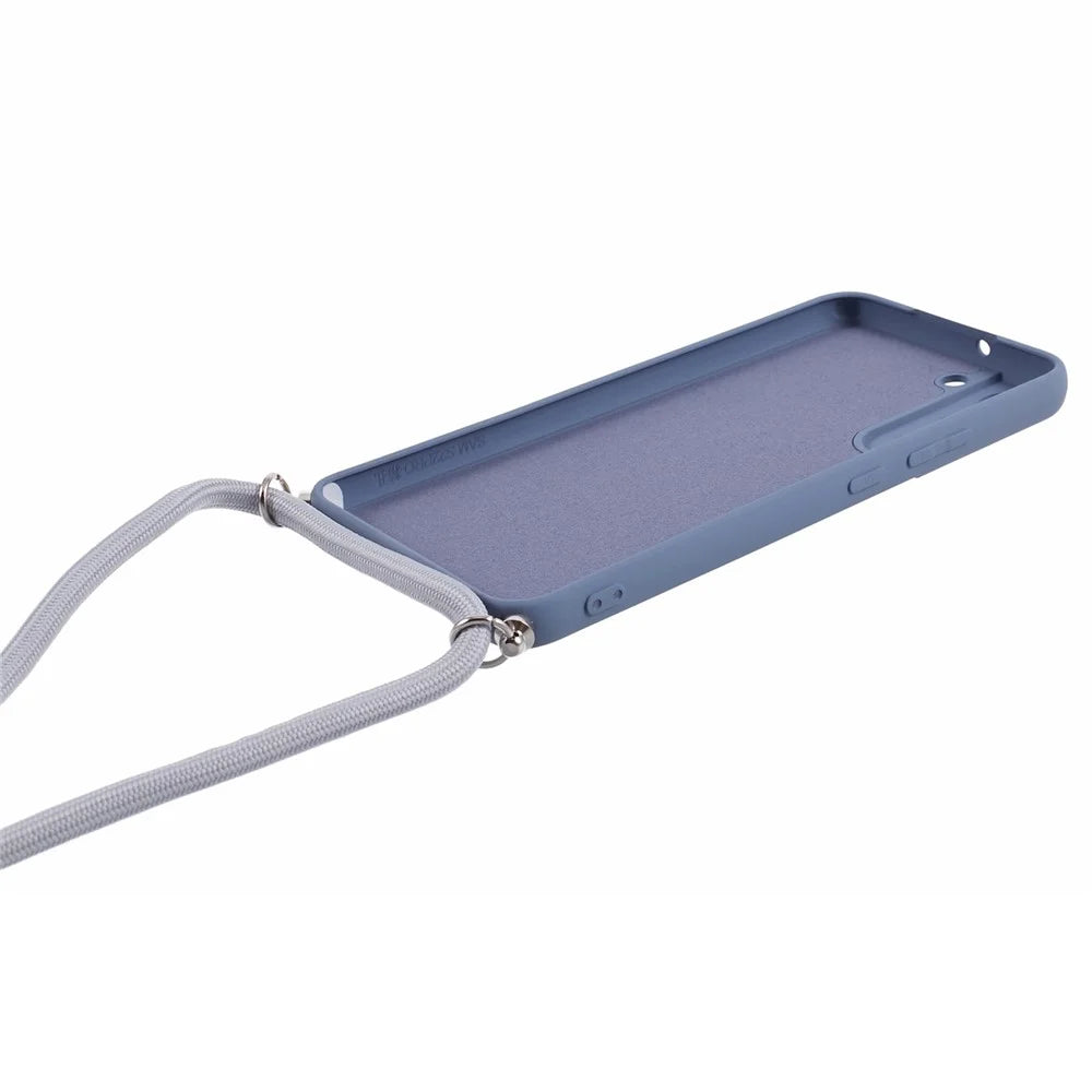 For Samsung Galaxy S21 4G / 5G Case Rubberized Fiber Lining Cover with Long Lanyard - Lavender Grey - 4