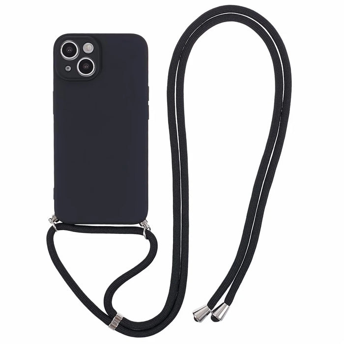 For iPhone 15 TPU Phone Case Fiber Lining Rubberized Cover with Long Lanyard - Black - 1