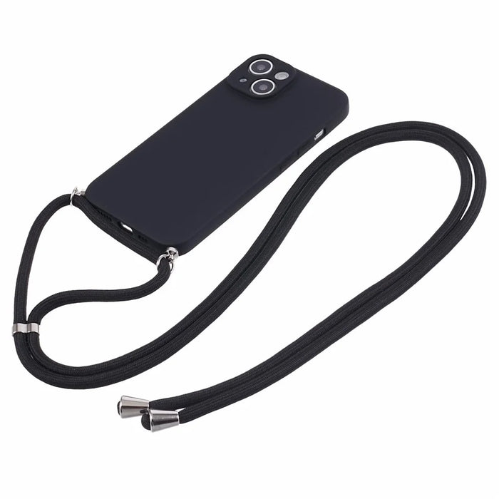 For iPhone 15 TPU Phone Case Fiber Lining Rubberized Cover with Long Lanyard - Black - 2
