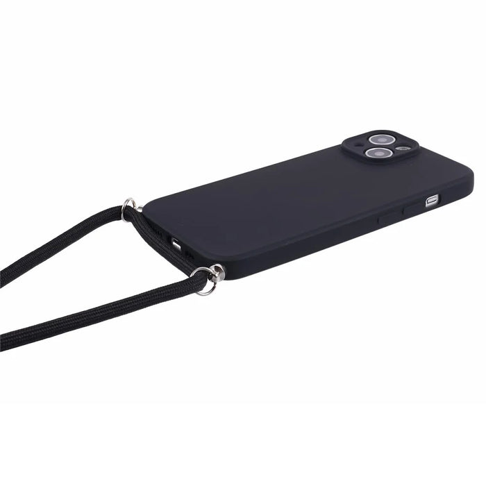 For iPhone 15 TPU Phone Case Fiber Lining Rubberized Cover with Long Lanyard - Black - 3