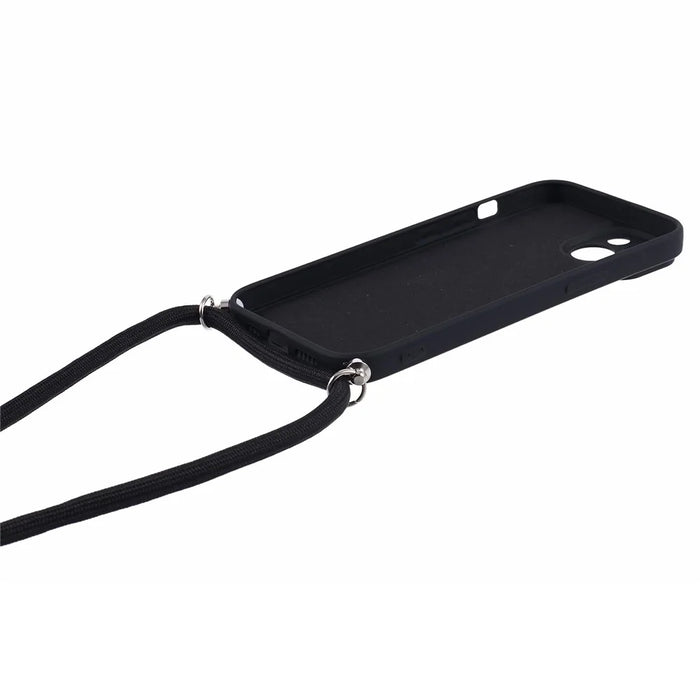 For iPhone 15 TPU Phone Case Fiber Lining Rubberized Cover with Long Lanyard - Black - 4
