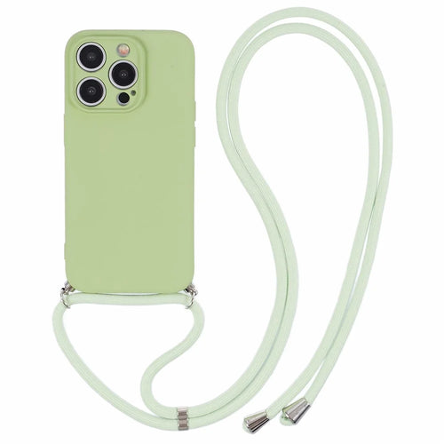 For iPhone 15 Pro Case Candy Color Rubberized Phone Cover with Long Lanyard - Matcha Green - 1