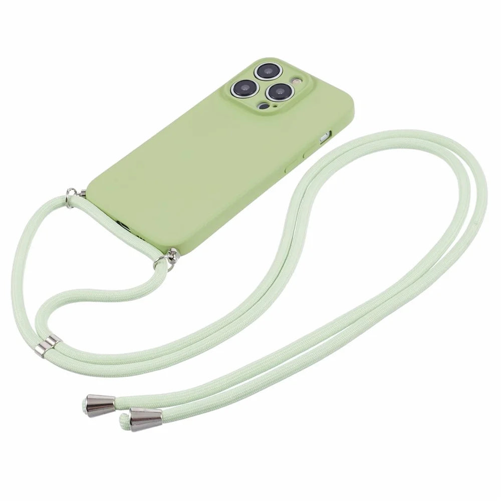 For iPhone 15 Pro Case Candy Color Rubberized Phone Cover with Long Lanyard - Matcha Green - 2