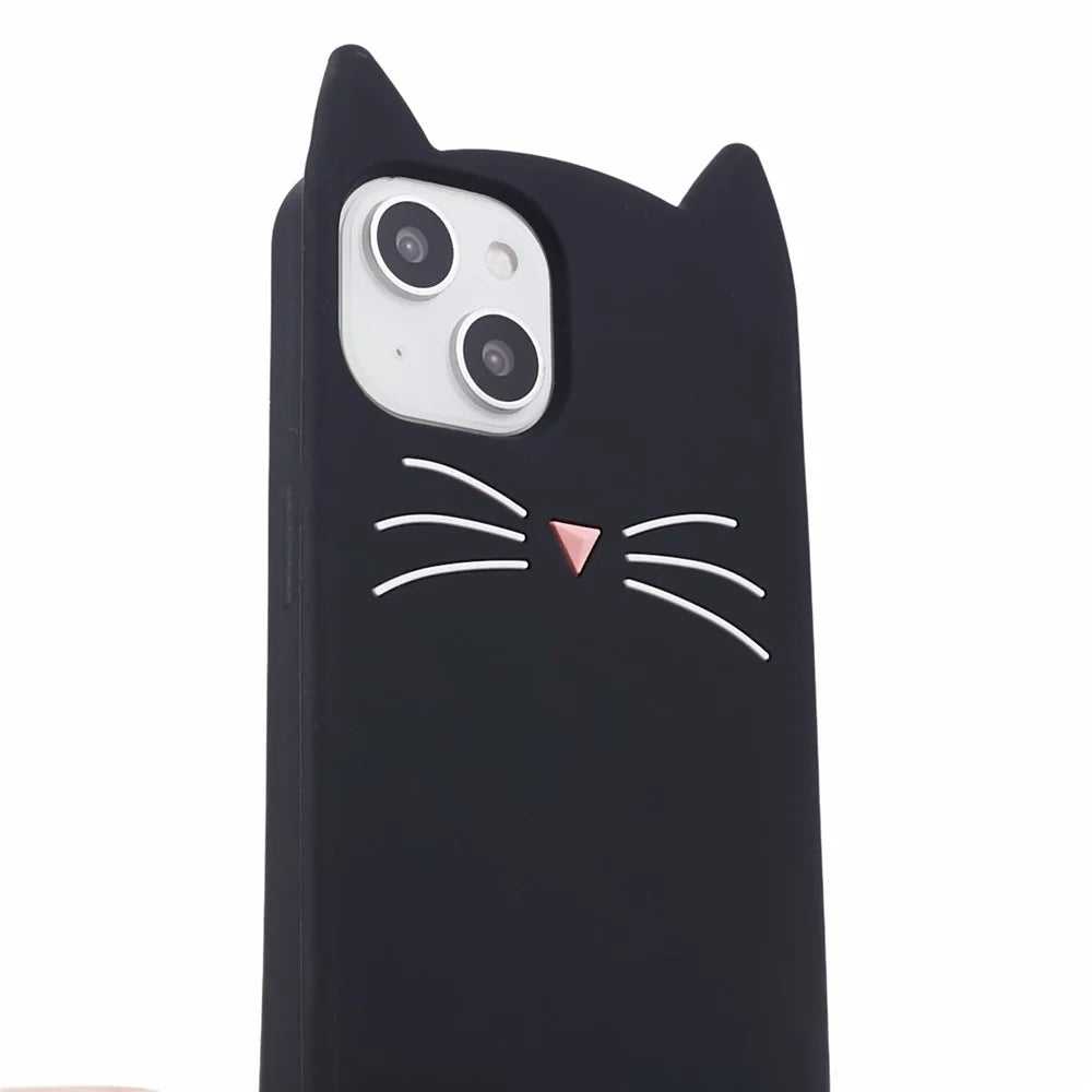 For iPhone 15 Case 3D Moustache Cat Soft Silicone Shockproof Phone Back Cover - Black - 7