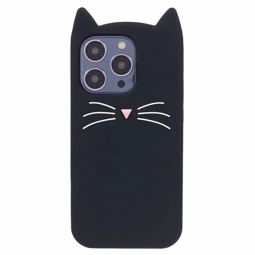 For iPhone 15 Pro Max Silicone Case 3D Moustache Cat Drop-proof Phone Cover - Black - 1