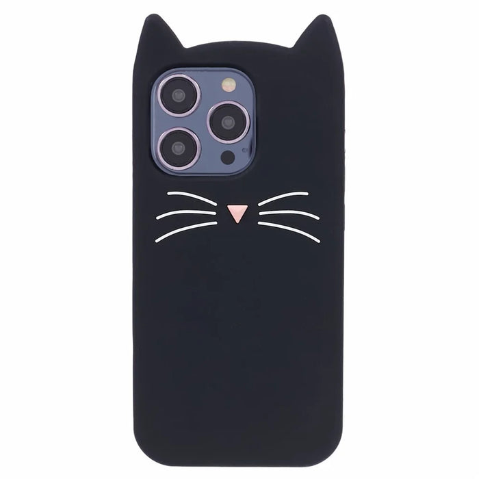 For iPhone 15 Pro Max Silicone Case 3D Moustache Cat Drop-proof Phone Cover - Black - 1