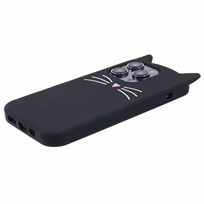 For iPhone 15 Pro Max Silicone Case 3D Moustache Cat Drop-proof Phone Cover - Black - 3