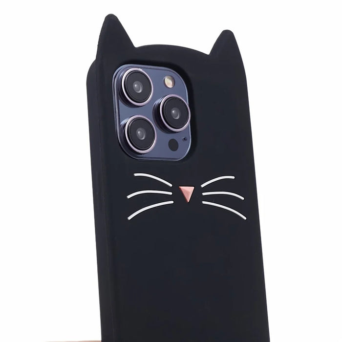 For iPhone 15 Pro Max Silicone Case 3D Moustache Cat Drop-proof Phone Cover - Black - 7