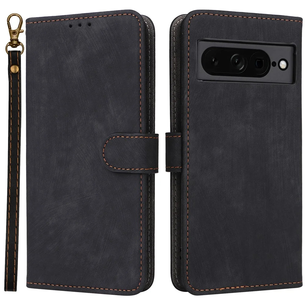 For Google Pixel 7 Pro 5G Case RFID Blocking Phone Leather Cover with Strap - Black - 1