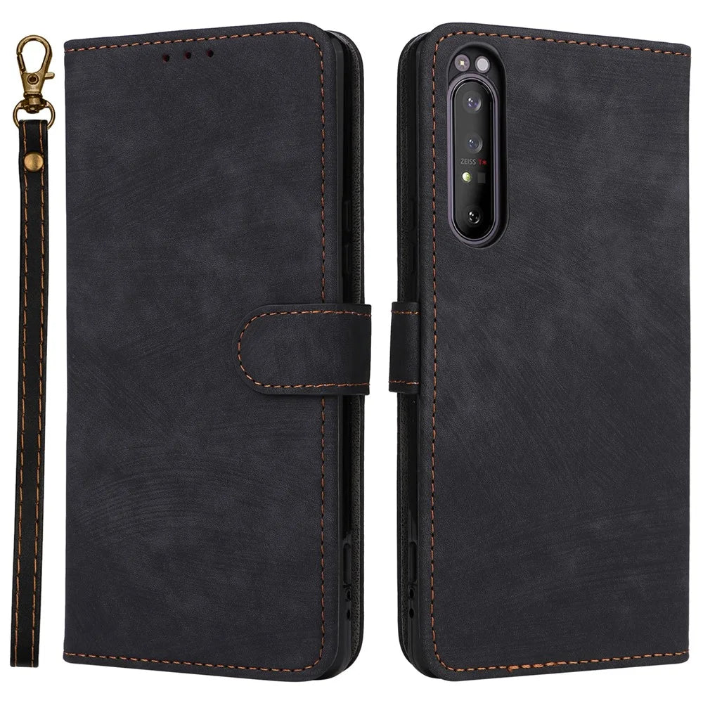 For Sony Xperia 1 II Case RFID Blocking Wallet Phone Stand Cover with Strap - Black - 1