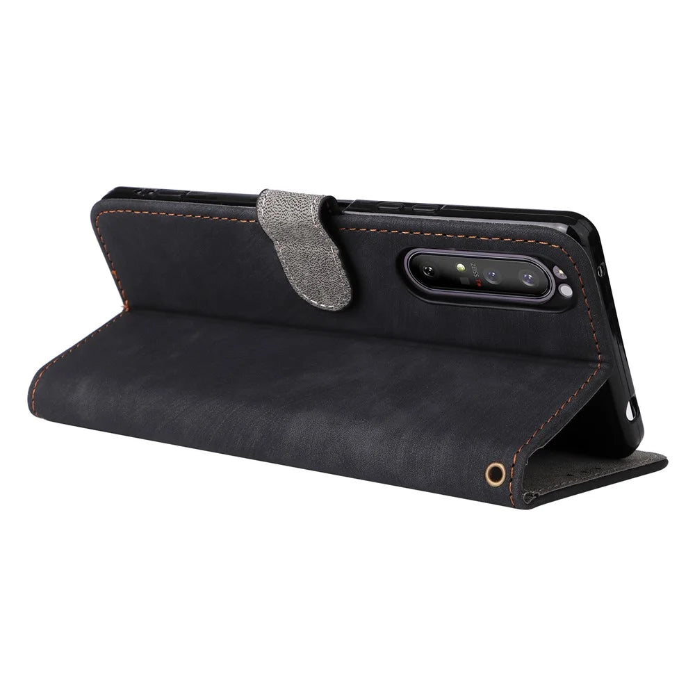 For Sony Xperia 1 II Case RFID Blocking Wallet Phone Stand Cover with Strap - Black - 4