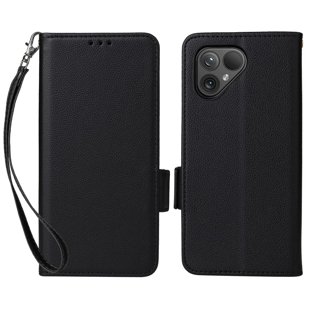 For Fairphone 5 Case Litchi Texture PU Leather Phone Cover with Strap - Black - 1
