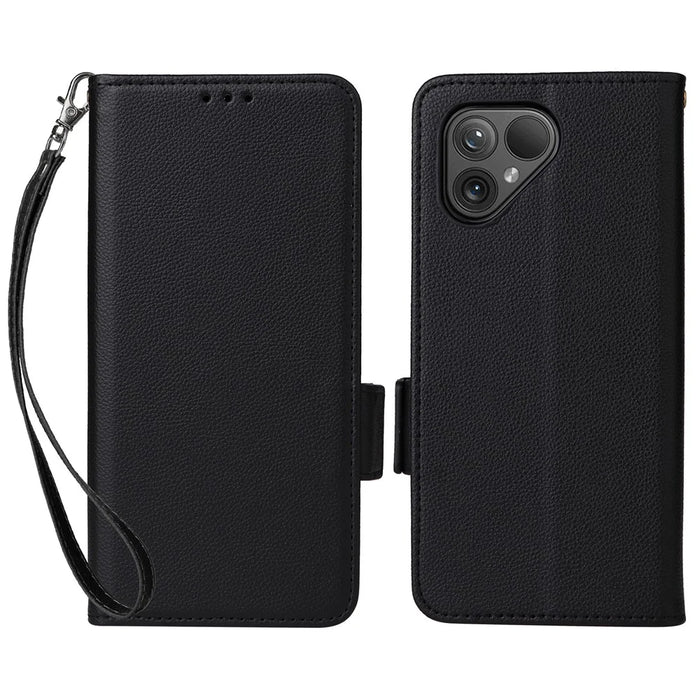 For Fairphone 5 Case Litchi Texture PU Leather Phone Cover with Strap - Black - 1