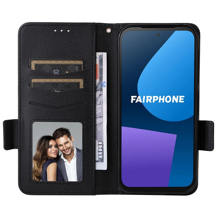 For Fairphone 5 Case Litchi Texture PU Leather Phone Cover with Strap - Black - 2