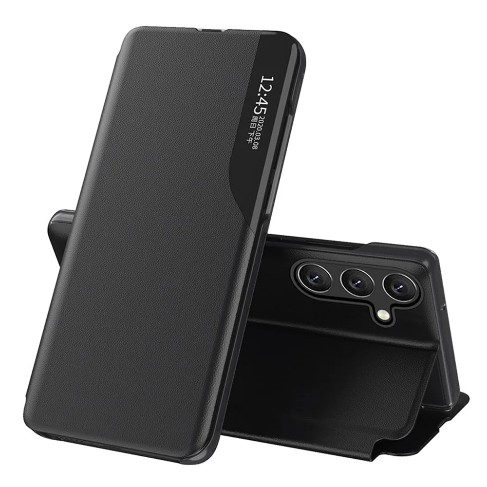 For Samsung Galaxy A15 4G Case View Window PU Leather Stand Cover - Black - 1