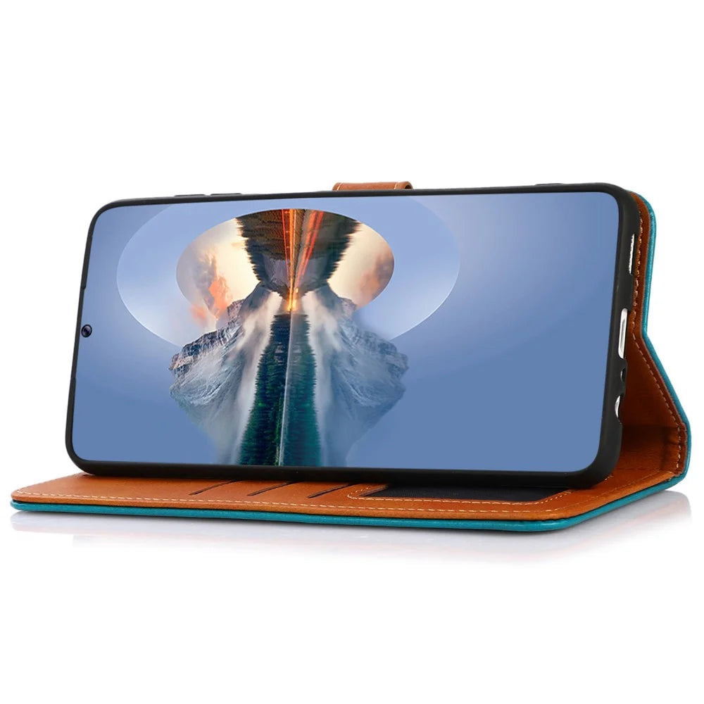 KHAZNEH For Samsung Galaxy S25 / S24 Case Stand Wallet Cowhide Texture PU Leather Phone Cover - Blue - 3